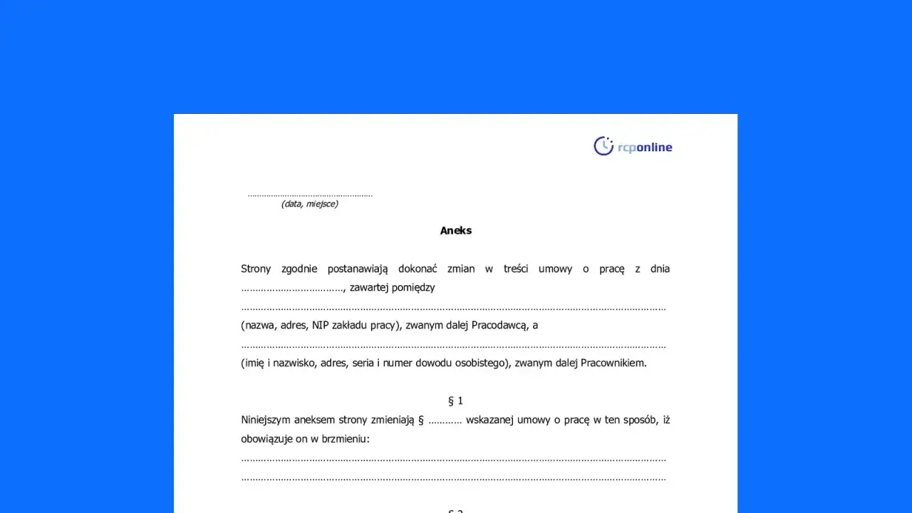 Fragment dokumentu "Aneks" z tekstem dotyczącym zmian w umowie o pracę.