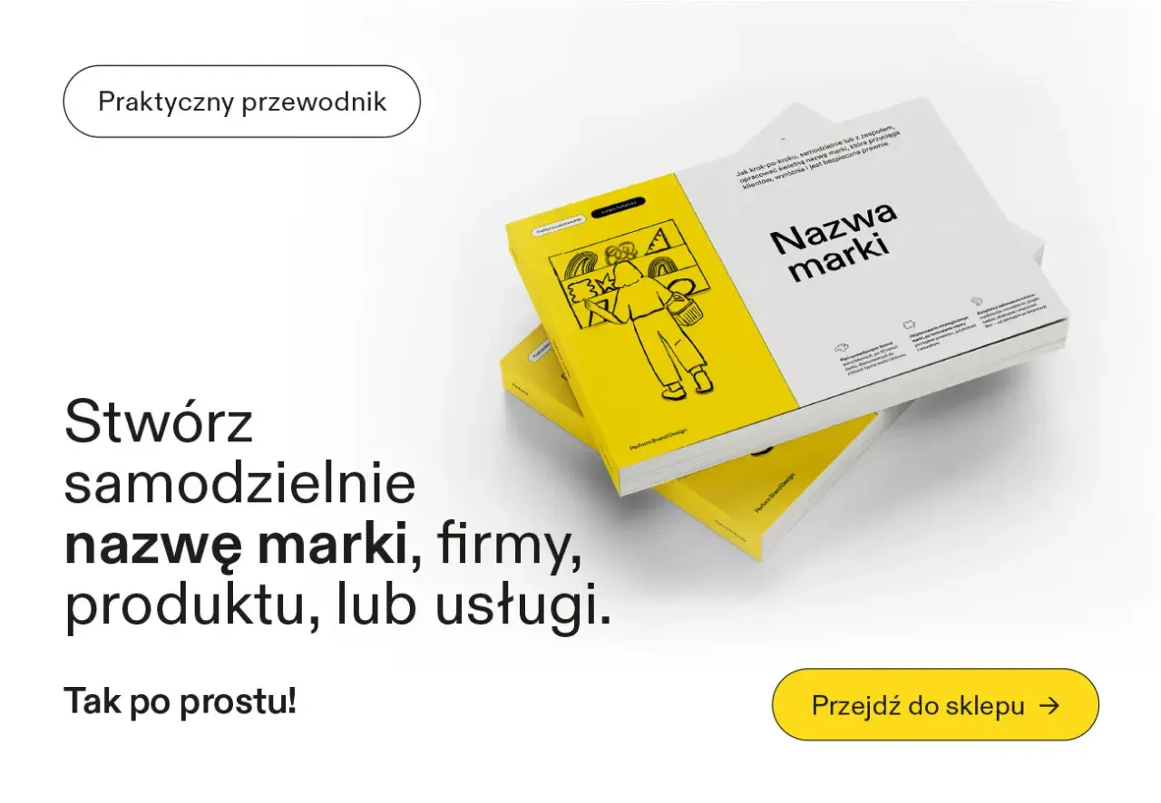 Stos książek z żółtą okładką i ilustracją osoby z koszykiem, tytuł "Nazwa marki".