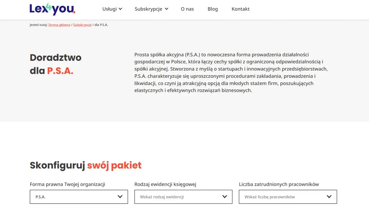 Nagłówek "Doradztwo dla P.S.A." i formularz wyboru formy prawnej.