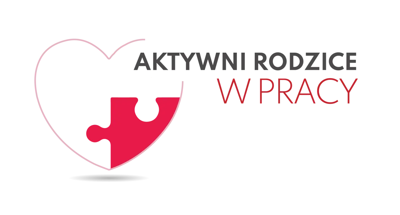 Logo z sercem z puzzli i napisem "AKTYWNI RODZICE W PRACY".
