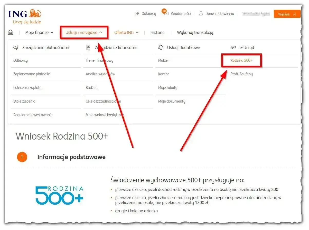 Wniosek Rodzina 500+ w ING. Kliknij "Rodzina 500+" w usługach dodatkowych, aby złożyć wniosek o zasiłek rodzinny.