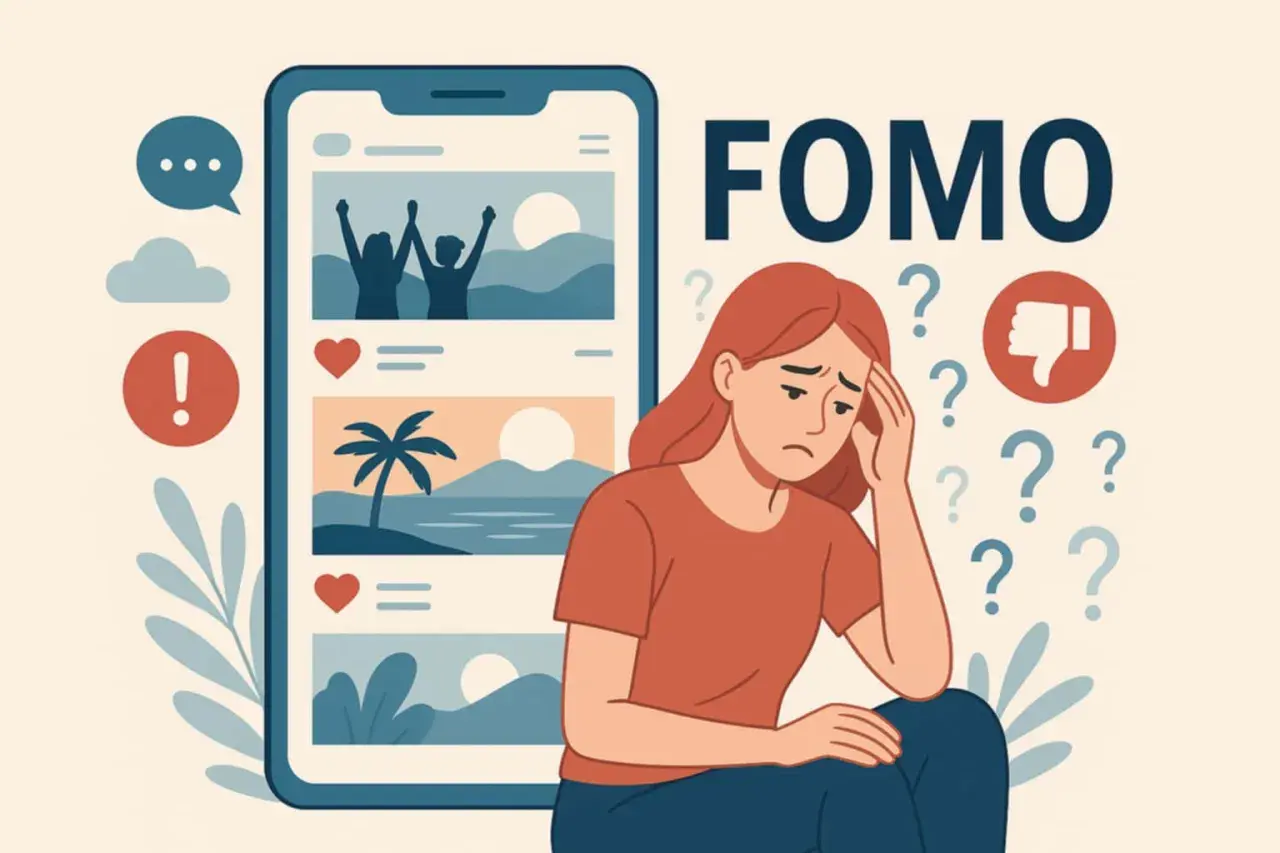 Smutna dziewczyna zmartwiona tym, co widzi w mediach społecznościowych. Czy to FOMO?