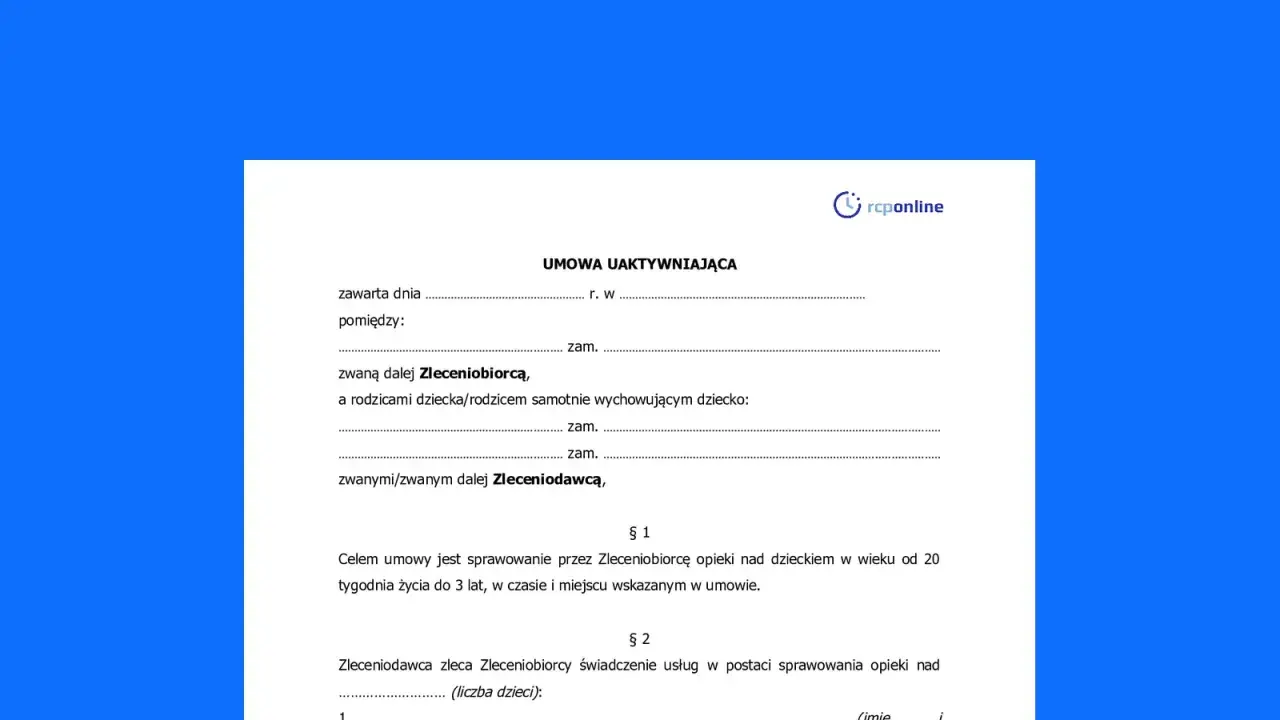 Umowa uaktywniająca, która reguluje świadczenie usług opieki nad dzieckiem. Dokument zawiera dane stron i cel umowy.