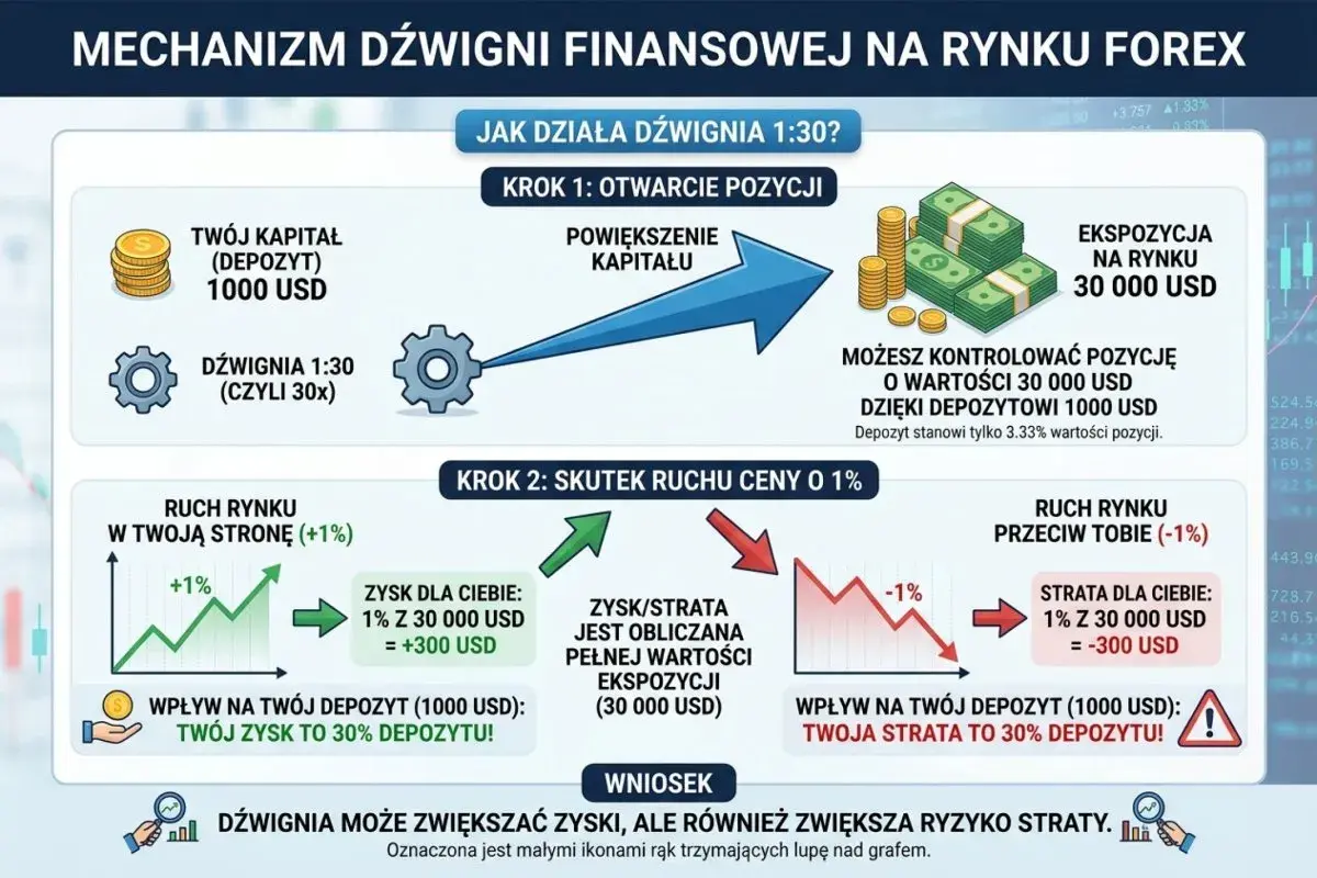Dźwignia finansowa 1:30 pozwala kontrolować 30 000 USD z depozytem 1000 USD. Ruch ceny o 1% to 300 USD zysku lub straty.