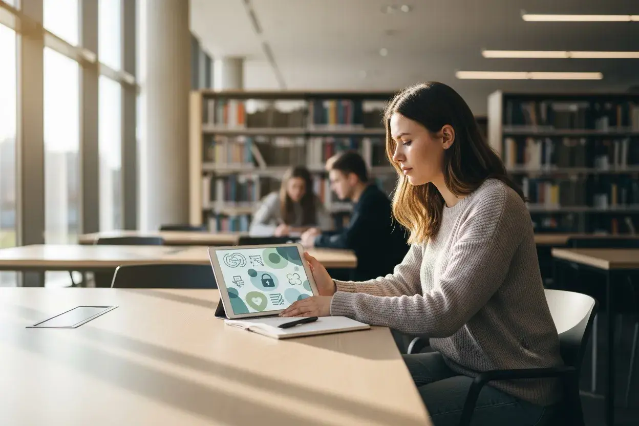 Dziewczyna w bibliotece szuka inspiracji na ciekawe kierunki studiów dla niezdecydowanych, przeglądając tablet z ikonami symbolizującymi różne dziedziny.