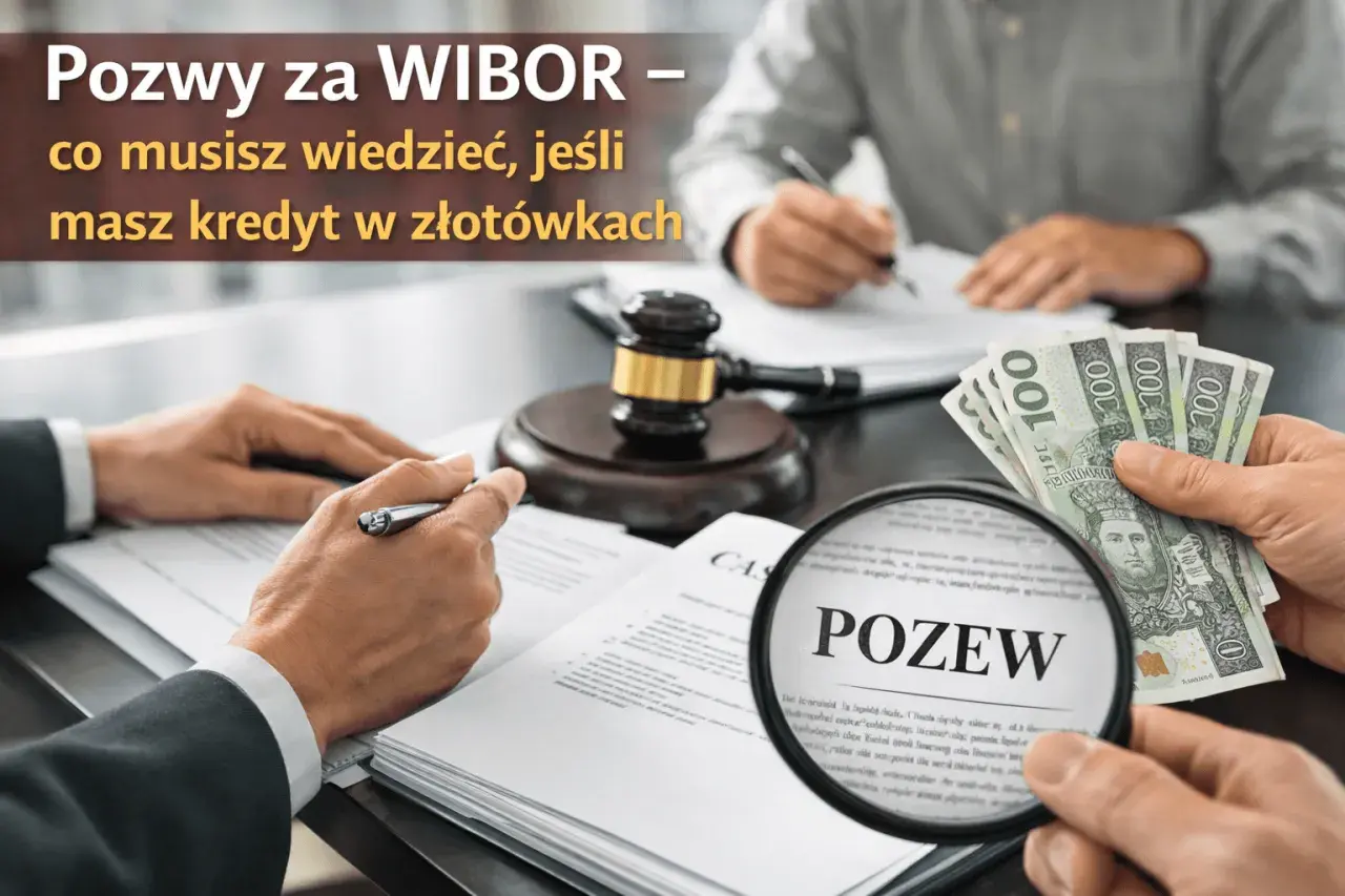 Dłonie trzymające pieniądze i dokumenty, lupa z napisem "POZEW", młotek sędziowski.