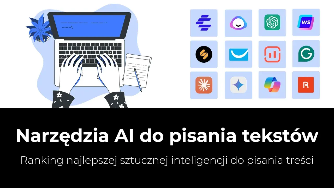 Ilustracja przedstawia dłonie piszące na laptopie obok notatnika, a po prawej stronie ikony narzędzi AI.