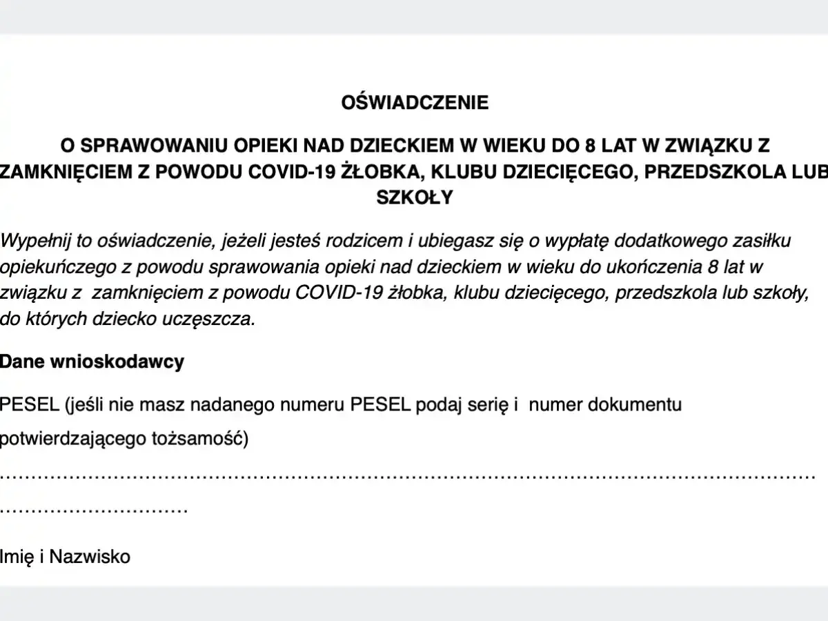 Fragment formularza oświadczenia dotyczącego sprawowania opieki nad dzieckiem w wieku do 8 lat z powodu COVID-19.