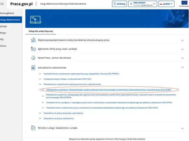Oświadczenie podmiotu nieświadczącego usług w zakresie pracy tymczasowej o powierzeniu wykonywania pracy cudzoziemcowi (PSZ-OPWP) na portalu Praca.gov.pl.
