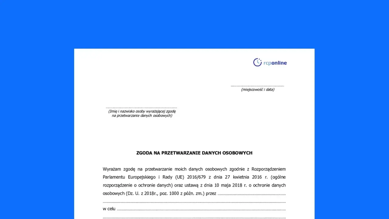 Formularz zgoda na przetwarzanie danych osobowych, zawierający pole na imię i nazwisko, miejscowość i datę, oraz tekst o zgodzie na przetwarzanie danych zgodnie z RODO.