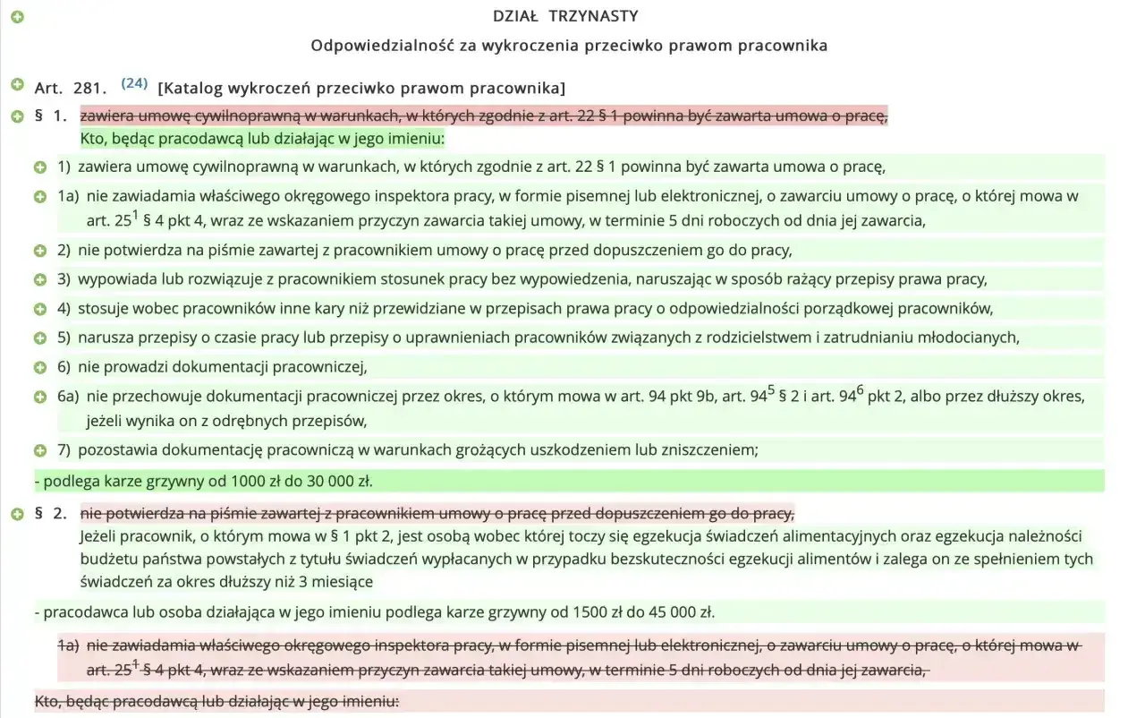 Fragment tekstu prawnego dotyczący odpowiedzialności pracodawcy za wykroczenia przeciwko prawom pracownika.