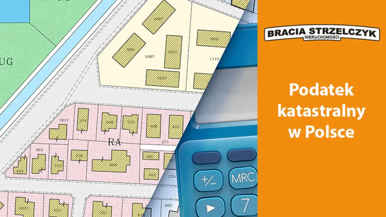 Mapa działek i fragment kalkulatora na pomarańczowym tle z napisem "Podatek katastralny w Polsce".