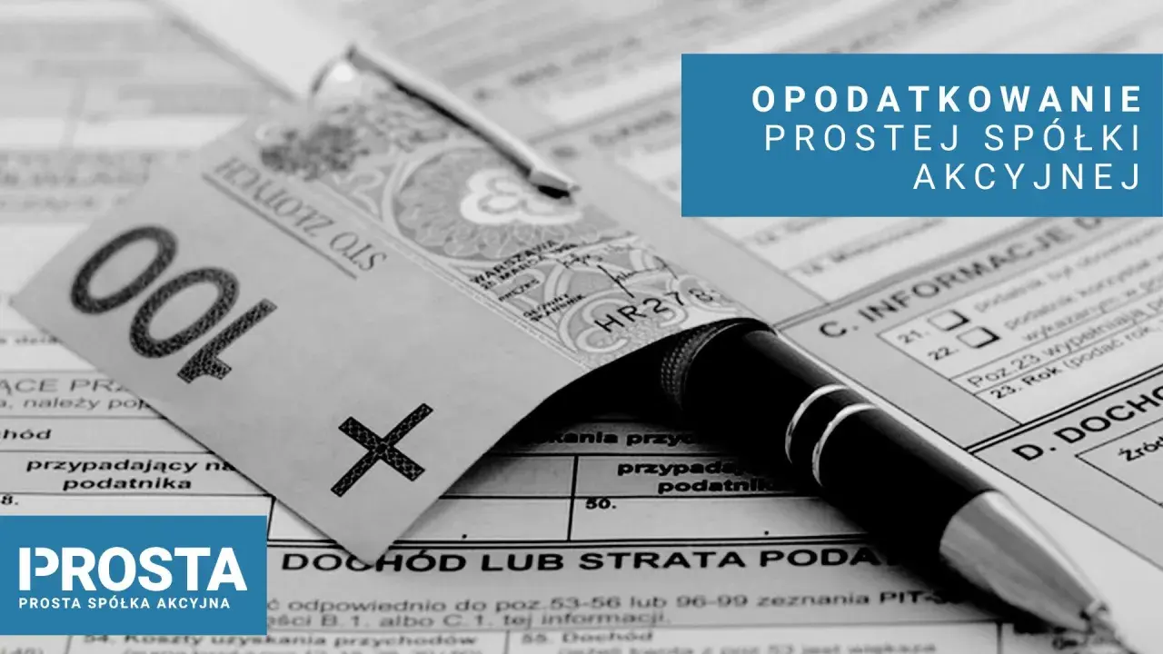 Złoty banknot 100 zł, długopis i formularz podatkowy.