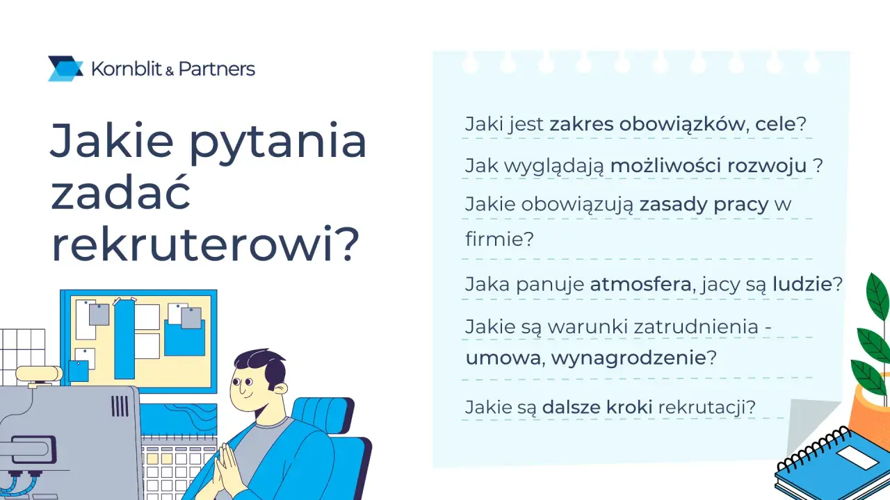 Ilustracja przedstawia mężczyznę siedzącego przy biurku z komputerem, na którym wyświetlają się pytania dotyczące rozmowy kwalifikacyjnej.