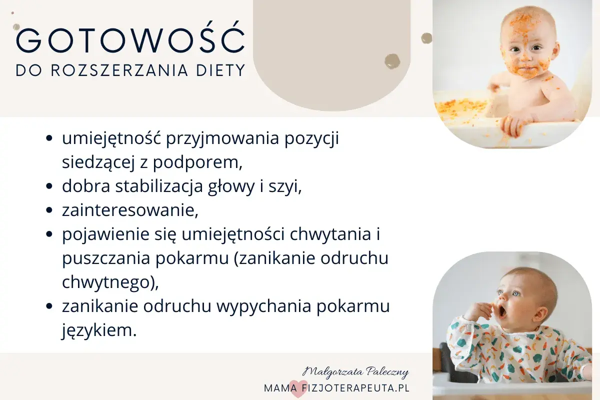 Gotowość do rozszerzania diety u 6-miesięcznego dziecka: siedzenie z podparciem, stabilna głowa, zainteresowanie jedzeniem i zanik odruchów.