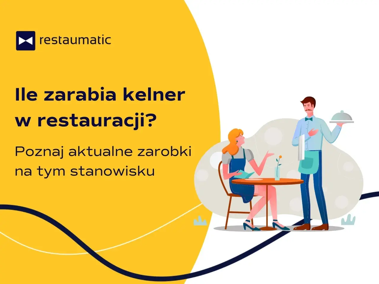 Ilustracja kelnera podającego danie klientce w restauracji.