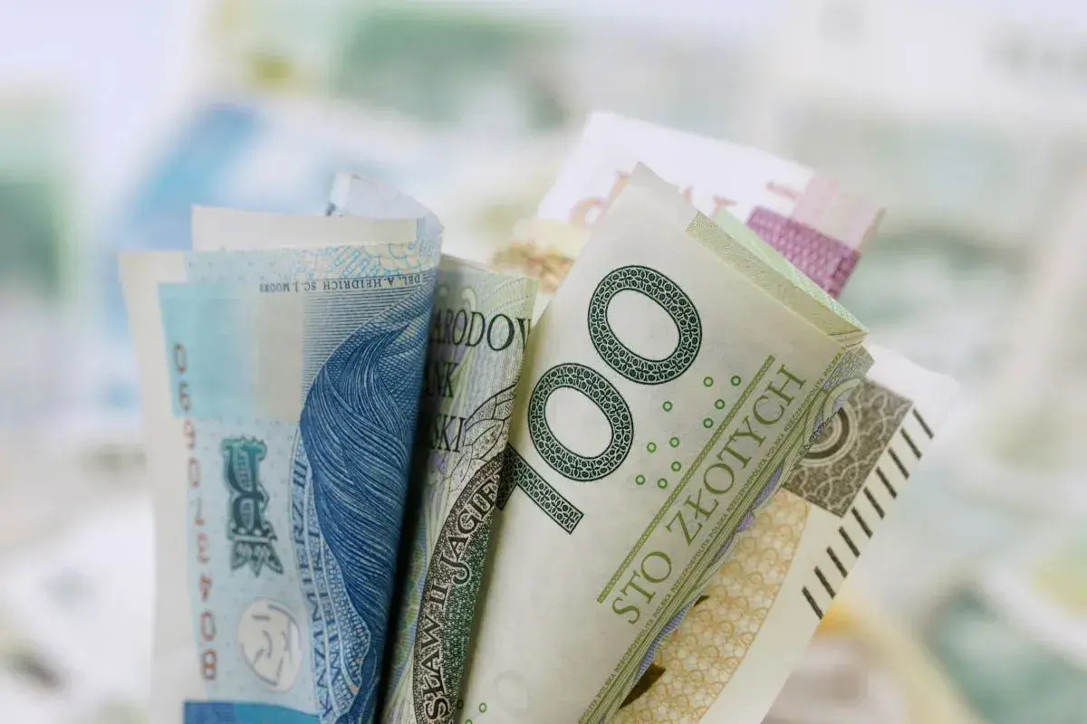 Zwoje polskich banknotów, w tym 100 złotych, na rozmytym tle.
