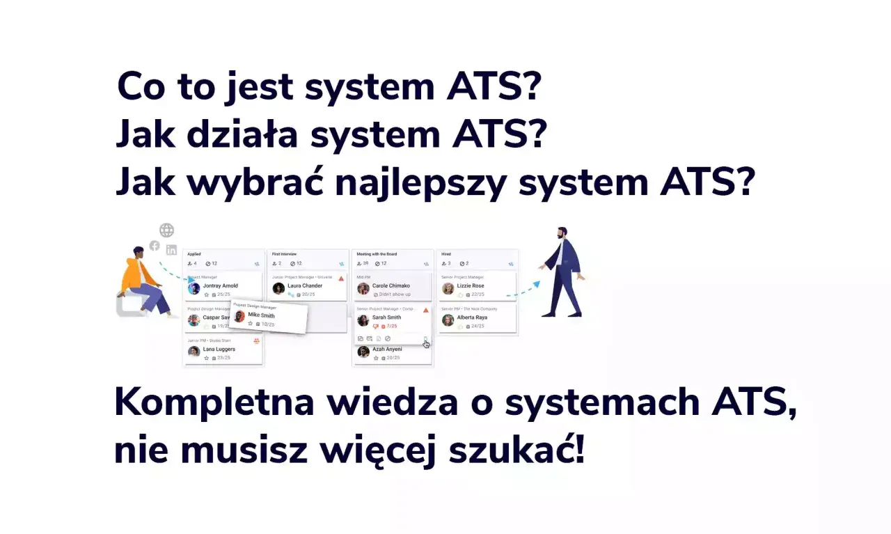 Grafika przedstawia schemat działania systemu ATS, pokazujący etapy rekrutacji kandydatów.