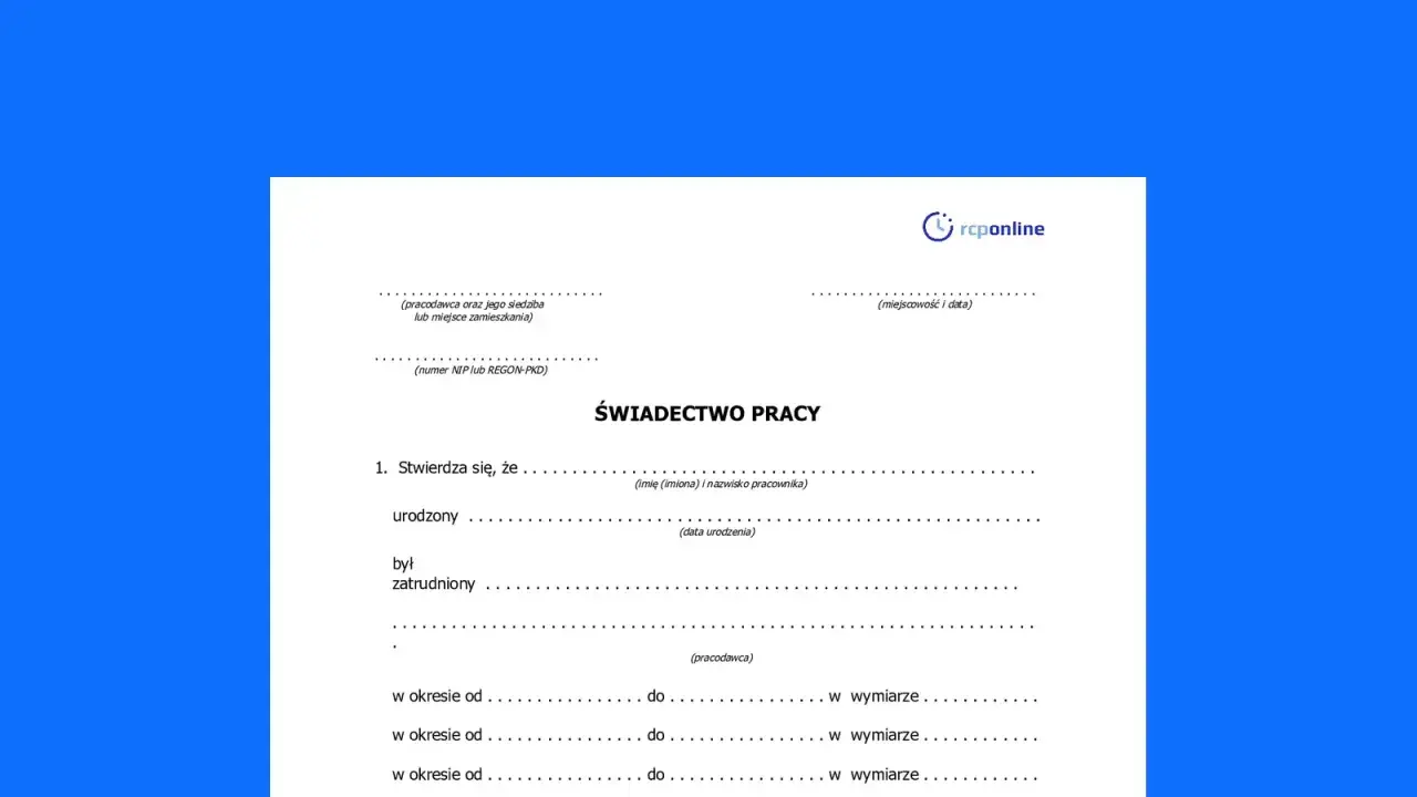 Fragment świadectwa pracy z danymi pracodawcy i pracownika.