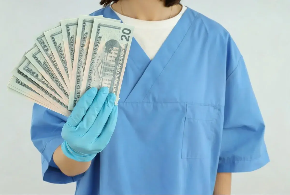Higienistka stomatologiczna w niebieskim fartuchu trzyma wachlarz banknotów 20-dolarowych.
