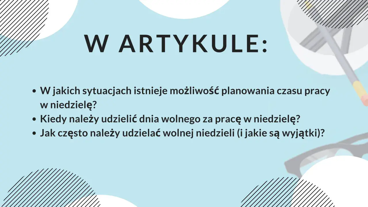 Grafika z tekstem "W ARTYKULE:" i pytaniami o pracę w niedzielę.