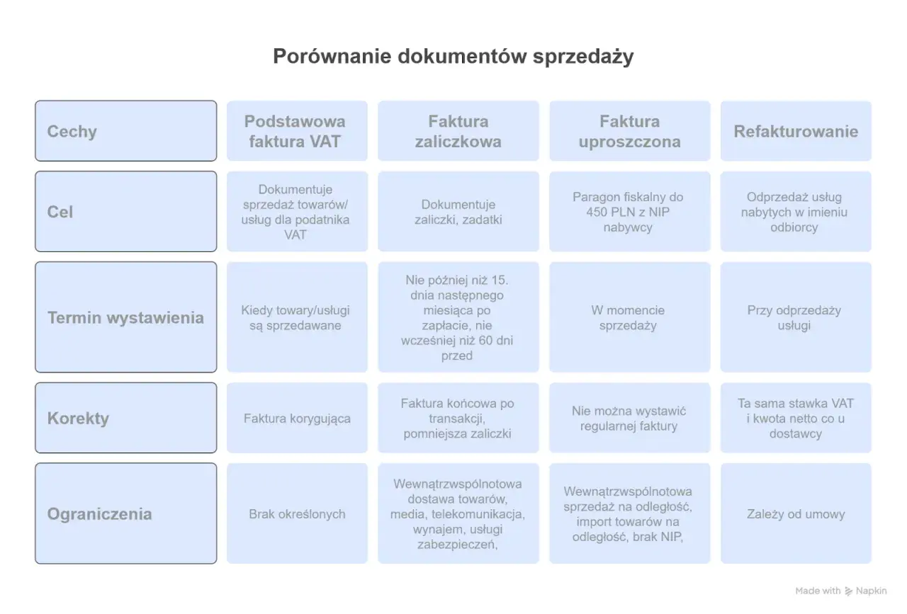 Tabela porównująca cechy, cel, termin wystawienia, korekty i ograniczenia różnych dokumentów sprzedaży, takich jak faktura VAT, zaliczkowa, uproszczona, refakturowanie. Dane do faktury są kluczowe.
