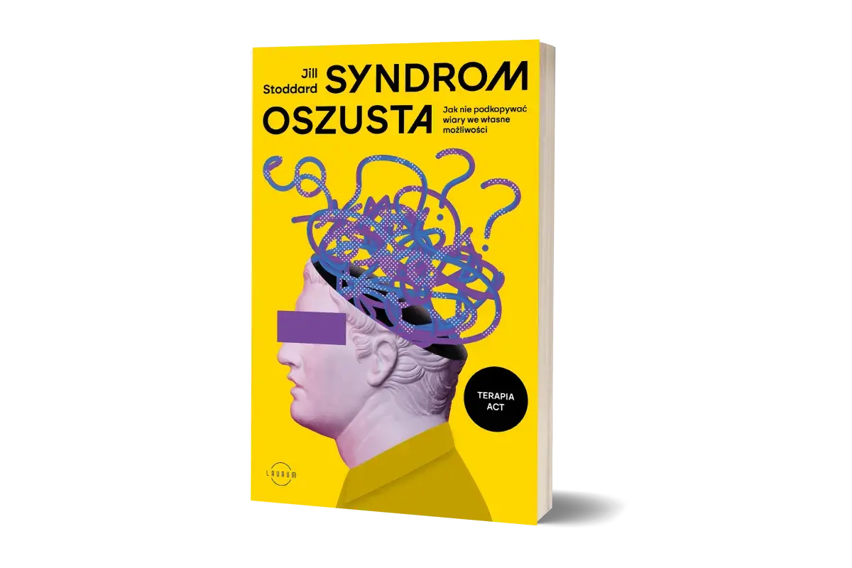 Żółta okładka książki z profilem greckiej rzeźby, z plątaniną znaków zapytania i linii w głowie.