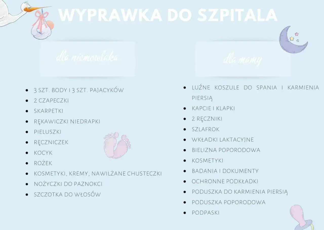 Ilustracja z listą rzeczy do szpitala dla niemowlaka i mamy, z bocianem i księżycem.