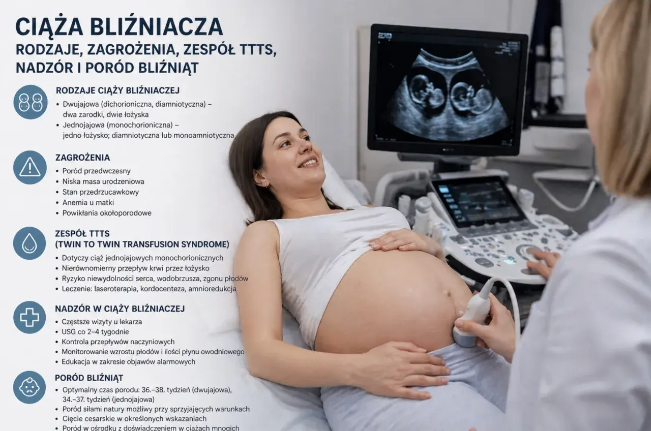 Szczęśliwa przyszła mama na badaniu USG, które potwierdza ciążę bliźniaczą. Na ekranie widać dwa maleństwa.