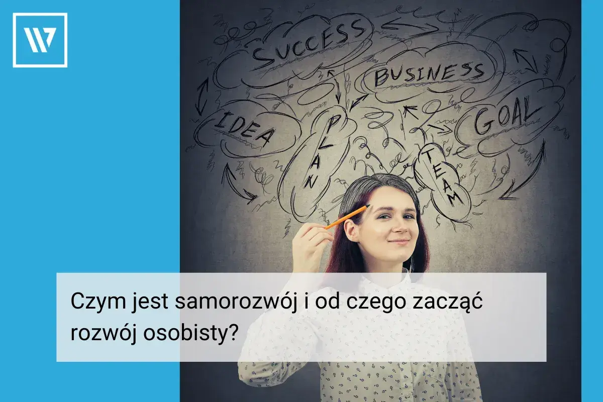 Kobieta z ołówkiem zastanawia się nad schematem "samorozwój co to". Na ścianie rysunki: sukces, biznes, cel, idea, plan, zespół.