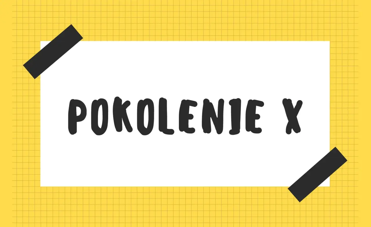 Biała kartka z napisem "POKOLENIE X" na żółtym tle w kratkę, przyklejona czarnymi taśmami.