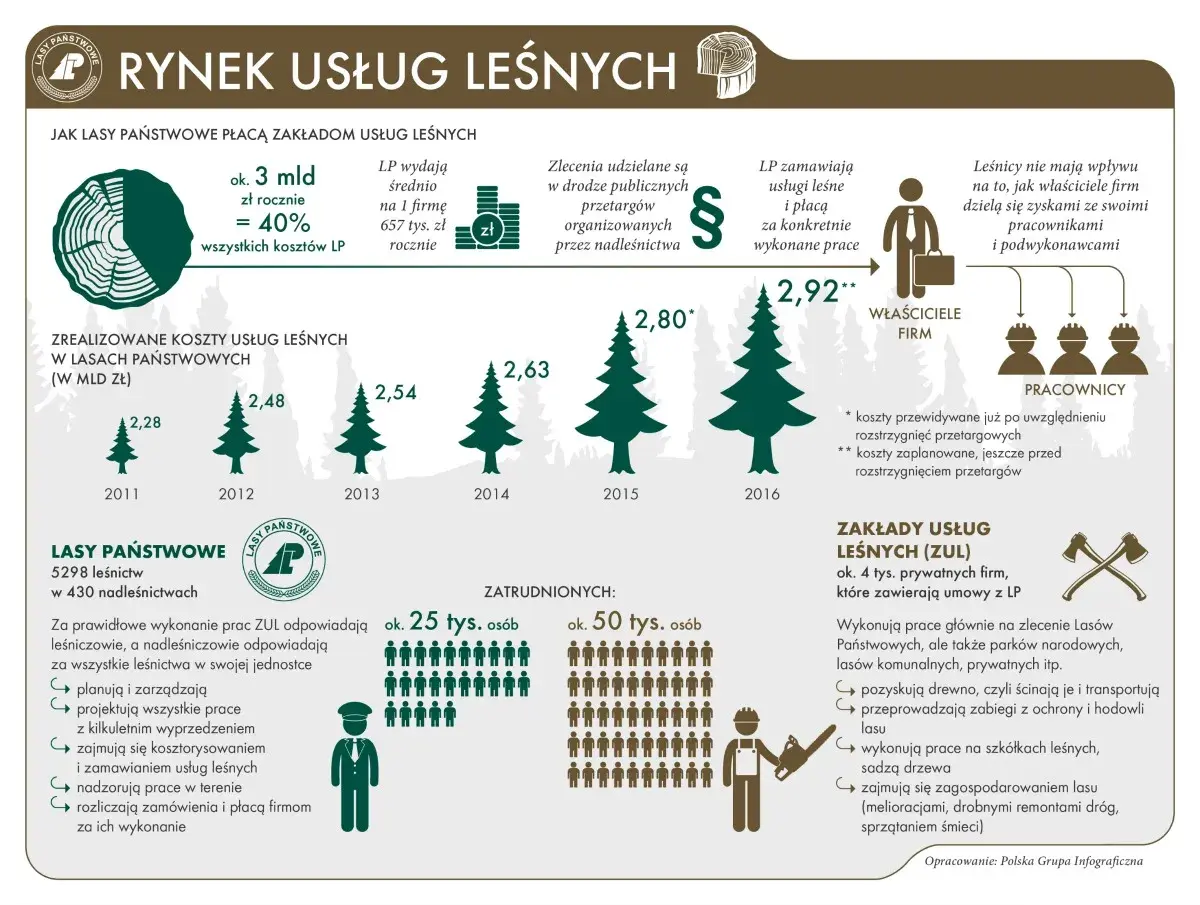 Infografika o rynku usług leśnych: koszty, zatrudnienie i zarobki.