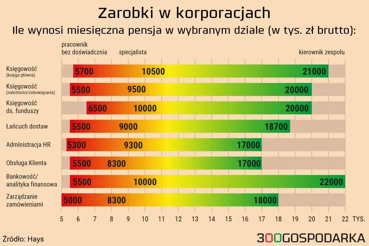 Wykres słupkowy pokazujący miesięczne zarobki brutto w tys. zł w różnych działach korporacji.
