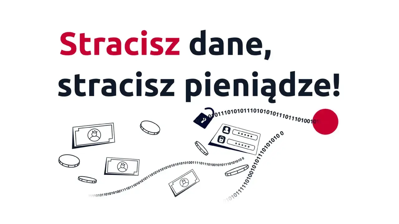 Stracisz dane, stracisz pieniądze! Ilustracja pokazuje banknoty, monety, otwartą kłódkę i dane logowania, symbolizując ryzyko utraty środków finansowych.