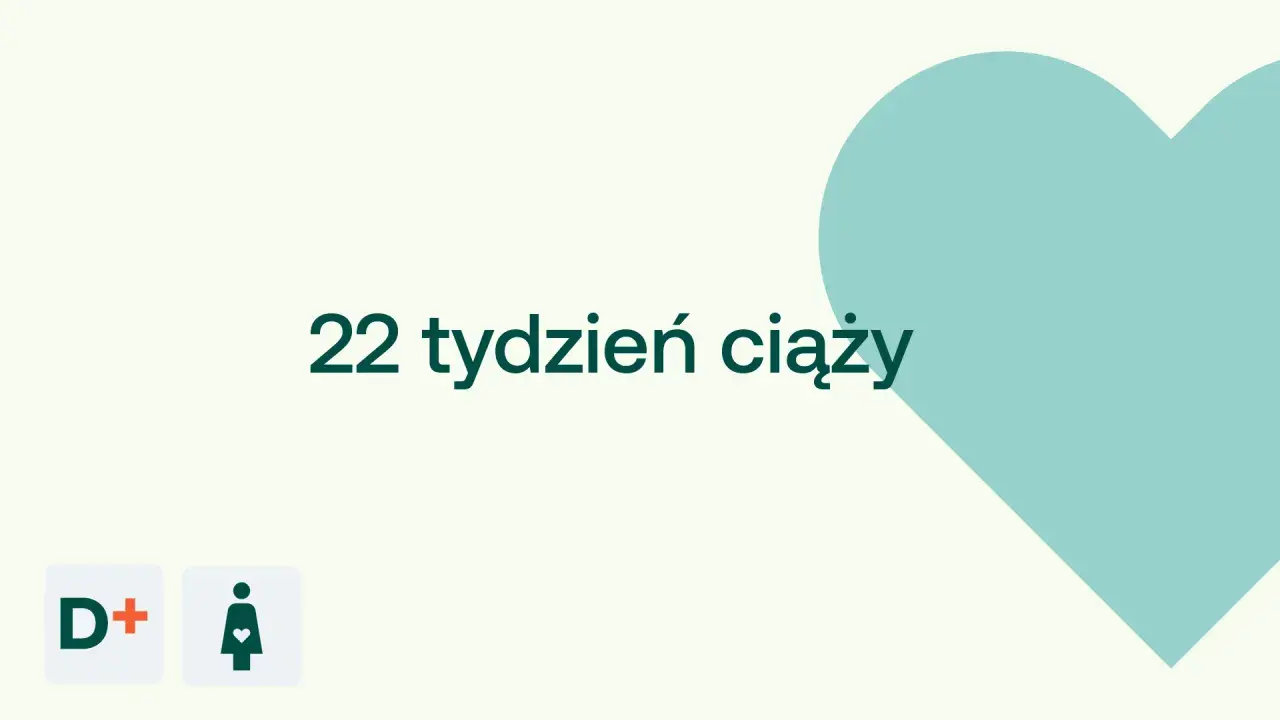 22. tydzień ciąży, ikony D+ i kobiety w ciąży, turkusowe serce.