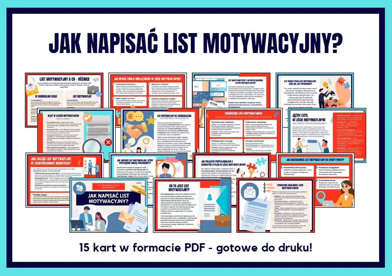 Grafika przedstawia kolaż z kilkunastu kart informacyjnych na temat pisania listów motywacyjnych.