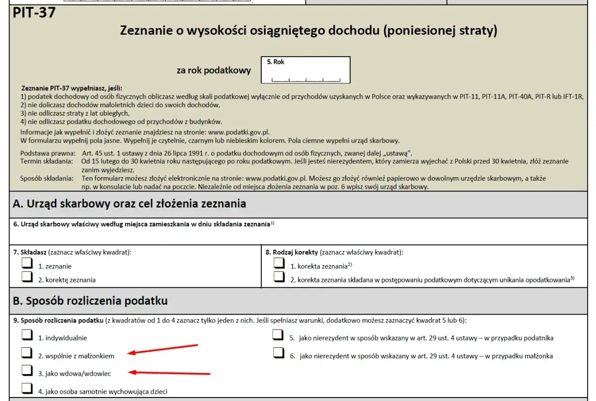 Formularz PIT-37, sekcja B. Sposób rozliczenia podatku. Zaznaczono opcję "wspólnie z małżonkiem" i "jako wdowa/wdowiec", co może oznaczać korektę PIT-37 po otrzymaniu zwrotu.