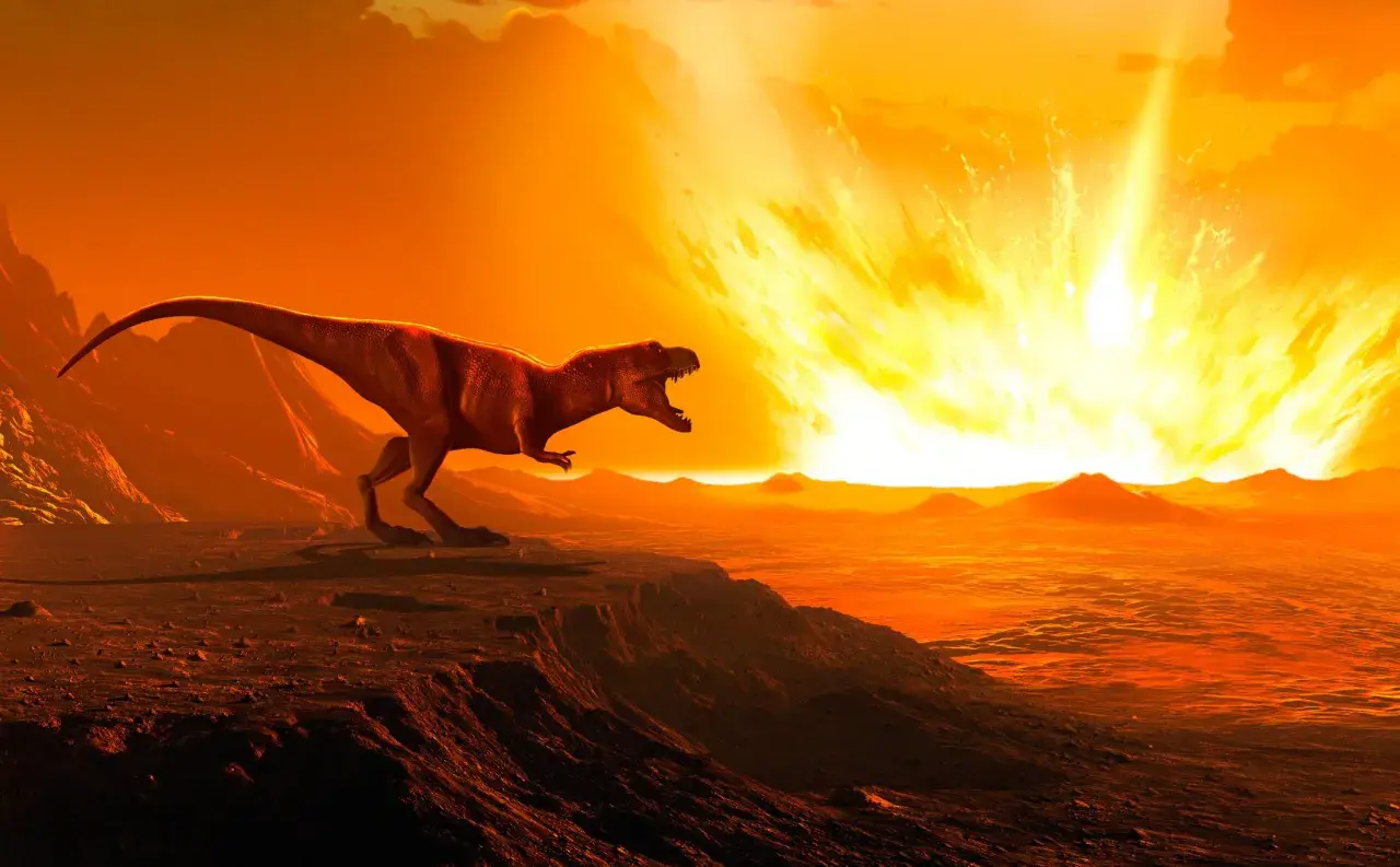 Dinozaur na skraju klifu patrzy na ognistą kulę na niebie. Scena z filmu edukacyjnego "Jak wyginęły dinozaury" dla dzieci.
