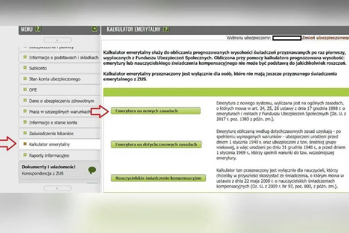 Zrzut ekranu z kalkulatorem emerytalnym ZUS, z zaznaczonymi opcjami "Emerytura na nowych zasadach" i "Kalkulator emerytalny".