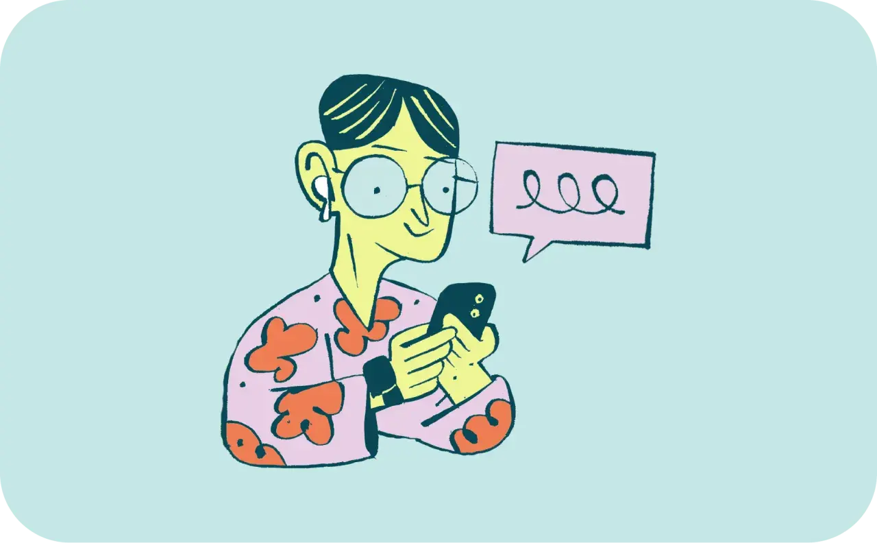Ilustracja: osoba w okularach i bluzie w kwiaty trzyma smartfon, obok dymek z tekstem.