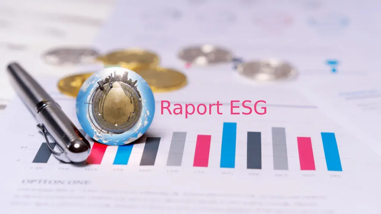 Długopis i szklana kula z panoramą miasta na wykresie słupkowym, obok napisu "Raport ESG". Analiza danych finansowych i społecznych.