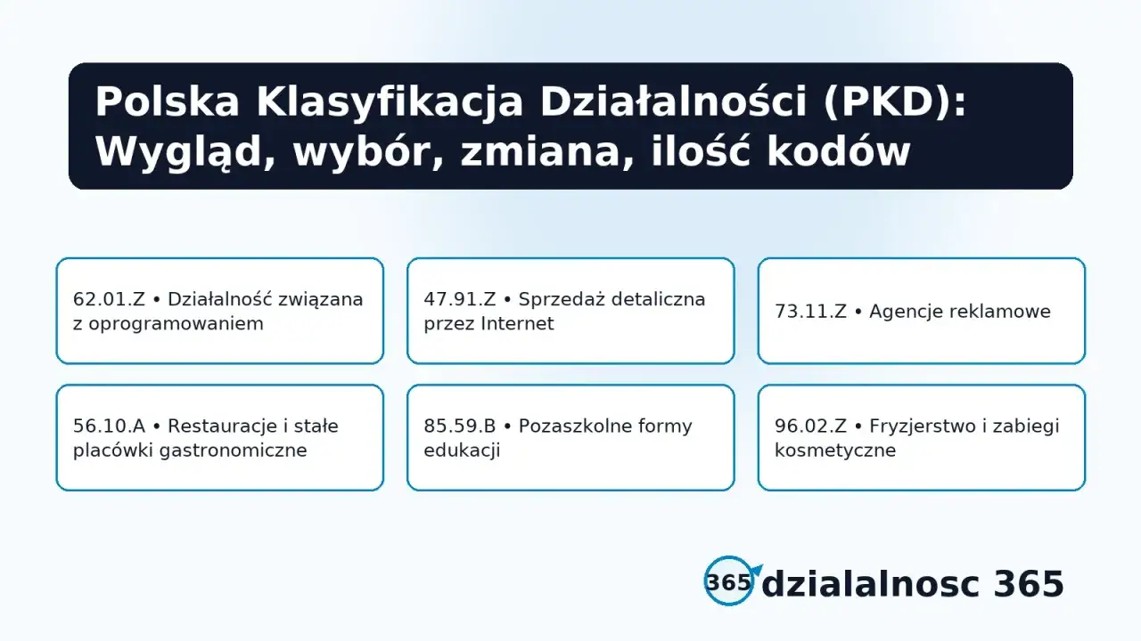 Polska Klasyfikacja Działalności (PKD) to system kodów dla różnych rodzajów działalności gospodarczej, np. oprogramowanie, handel, gastronomia.