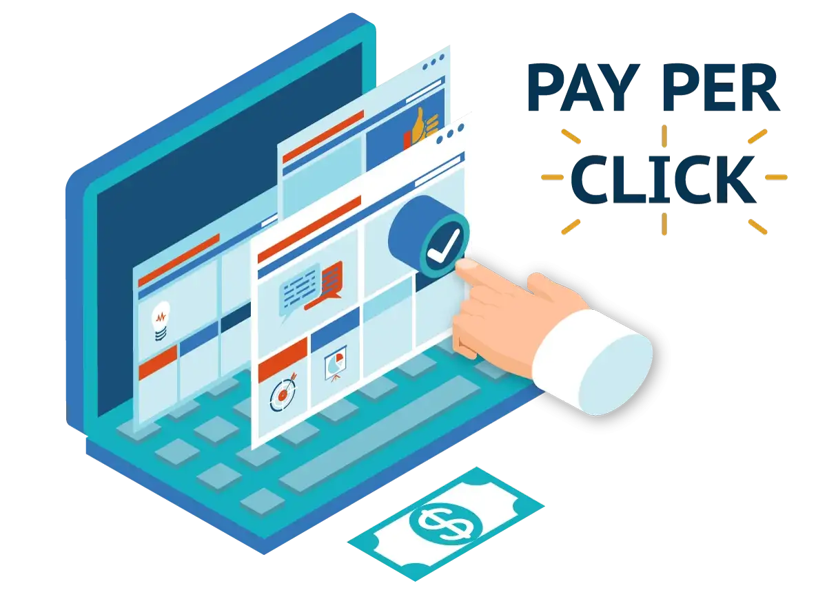 Ręka klika w przycisk na ekranie laptopa, symbolizując strategię PPC (Pay Per Click). Obok leży banknot z symbolem dolara.