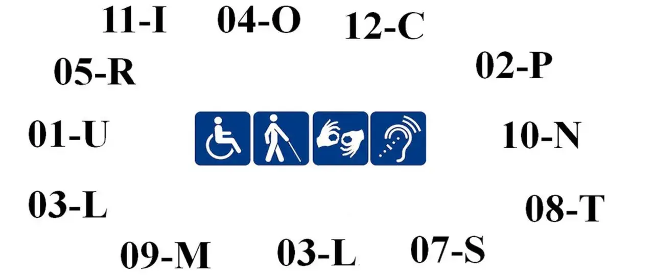 Symbole niepełnosprawności: wózek, niewidomy, migowy, słuch. Kod 10-N.