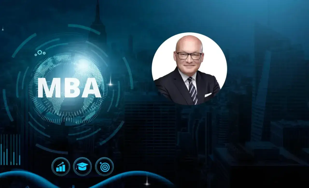 Mężczyzna w garniturze obok cyfrowej kuli ziemskiej z napisem MBA. Ikony symbolizują rozwój, edukację i cele.