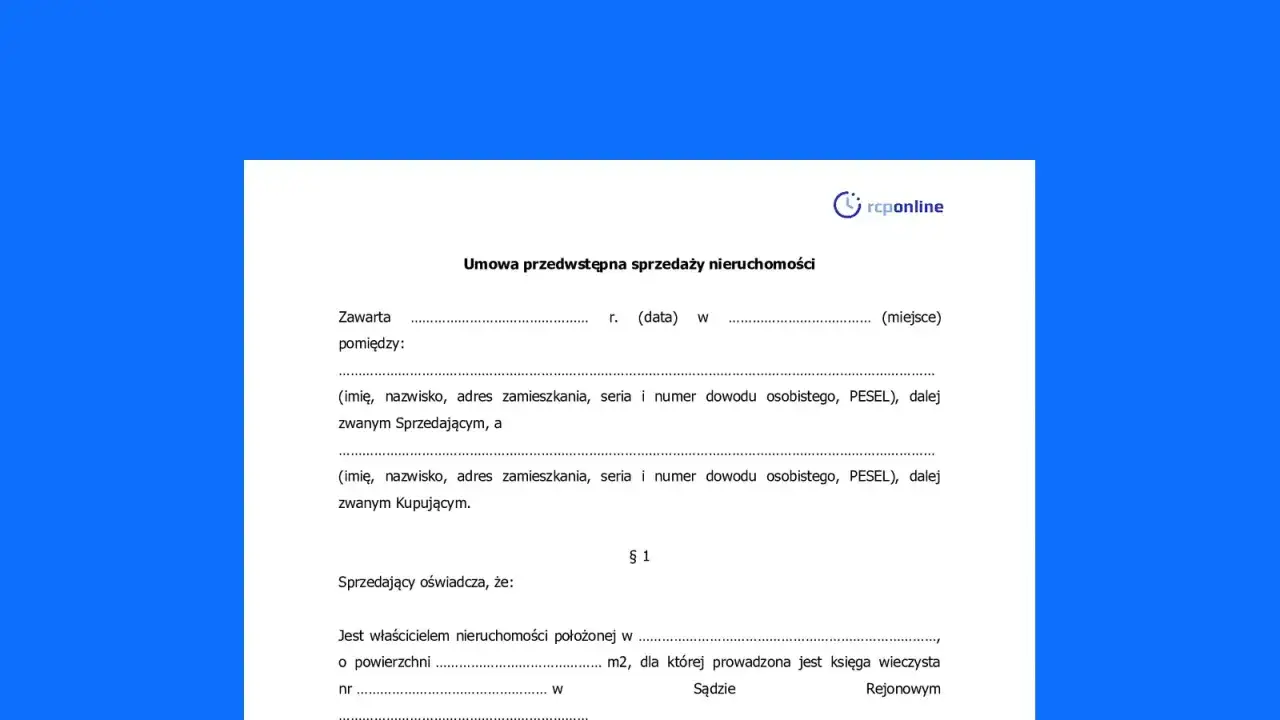 Umowa przedwstępna sprzedaży nieruchomości. Dokument zawiera dane sprzedającego i kupującego oraz oświadczenie sprzedającego o prawie własności nieruchomości.