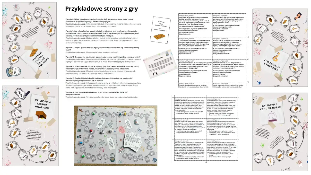 Gra planszowa z pytaniami o pułapki myślenia. Karty z pytaniami i kategoriami: 