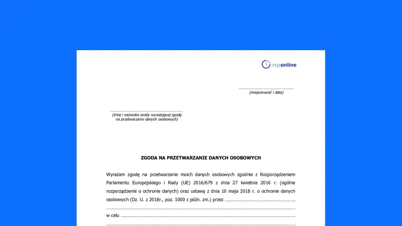 Formularz zgoda na przetwarzanie danych osobowych, z miejscem na wpisanie imienia, nazwiska, miejscowości i daty.