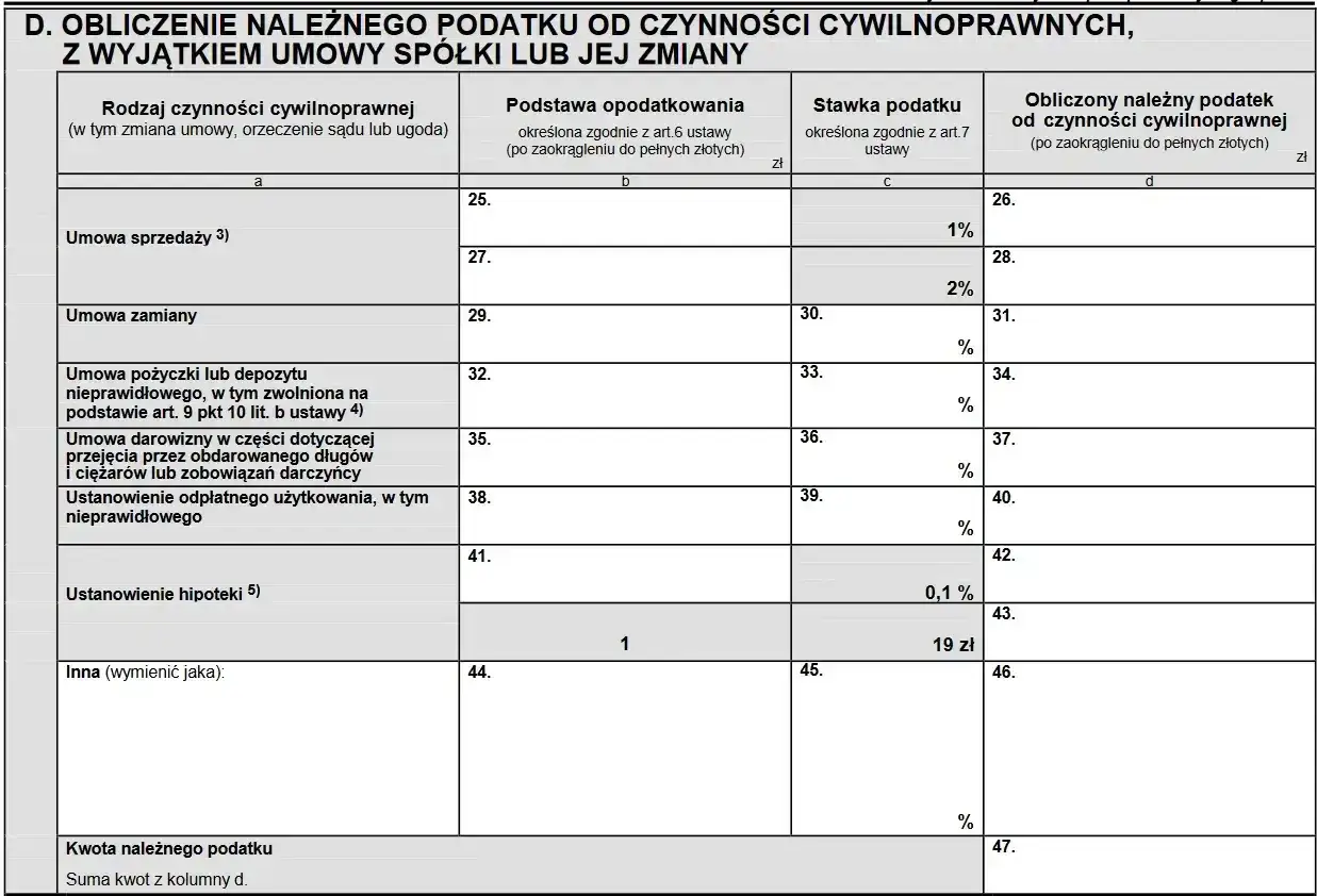 Formularz podatkowy z sekcją 