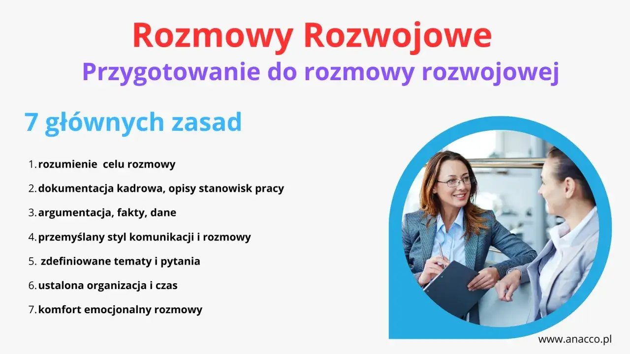Dwie kobiety rozmawiają, przygotowując się do rozmowy rozwojowej. Kluczowe zasady to zrozumienie celu, argumentacja i perswazja.